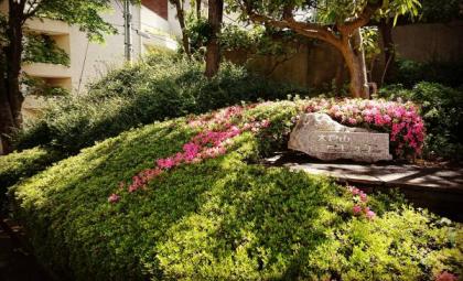 大倉山ヒルタウン　敷地南側エントランスにあるマンション石銘板と植栽